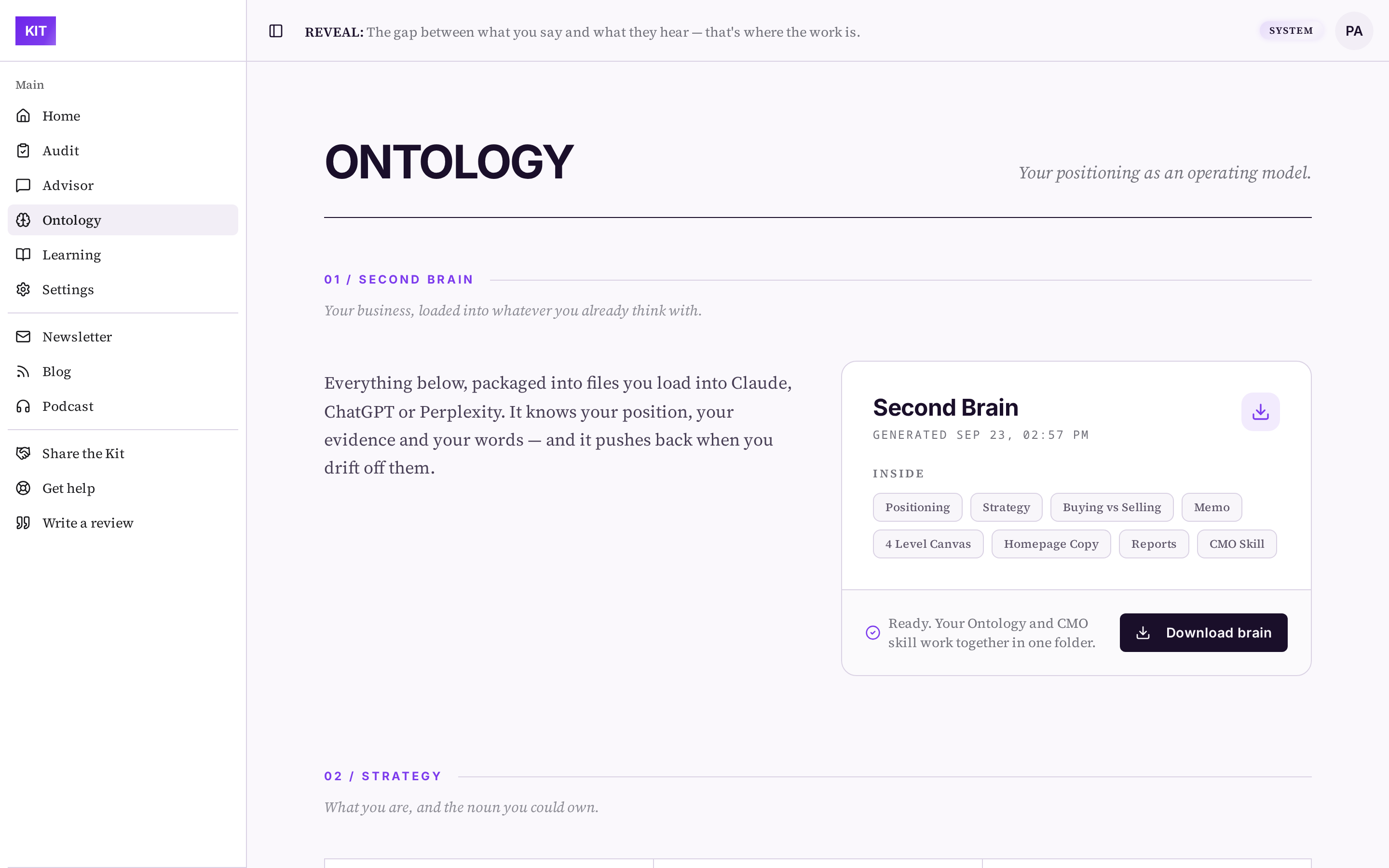 The Ontology page inside the Kit, showing the Second Brain download and the strategy reports